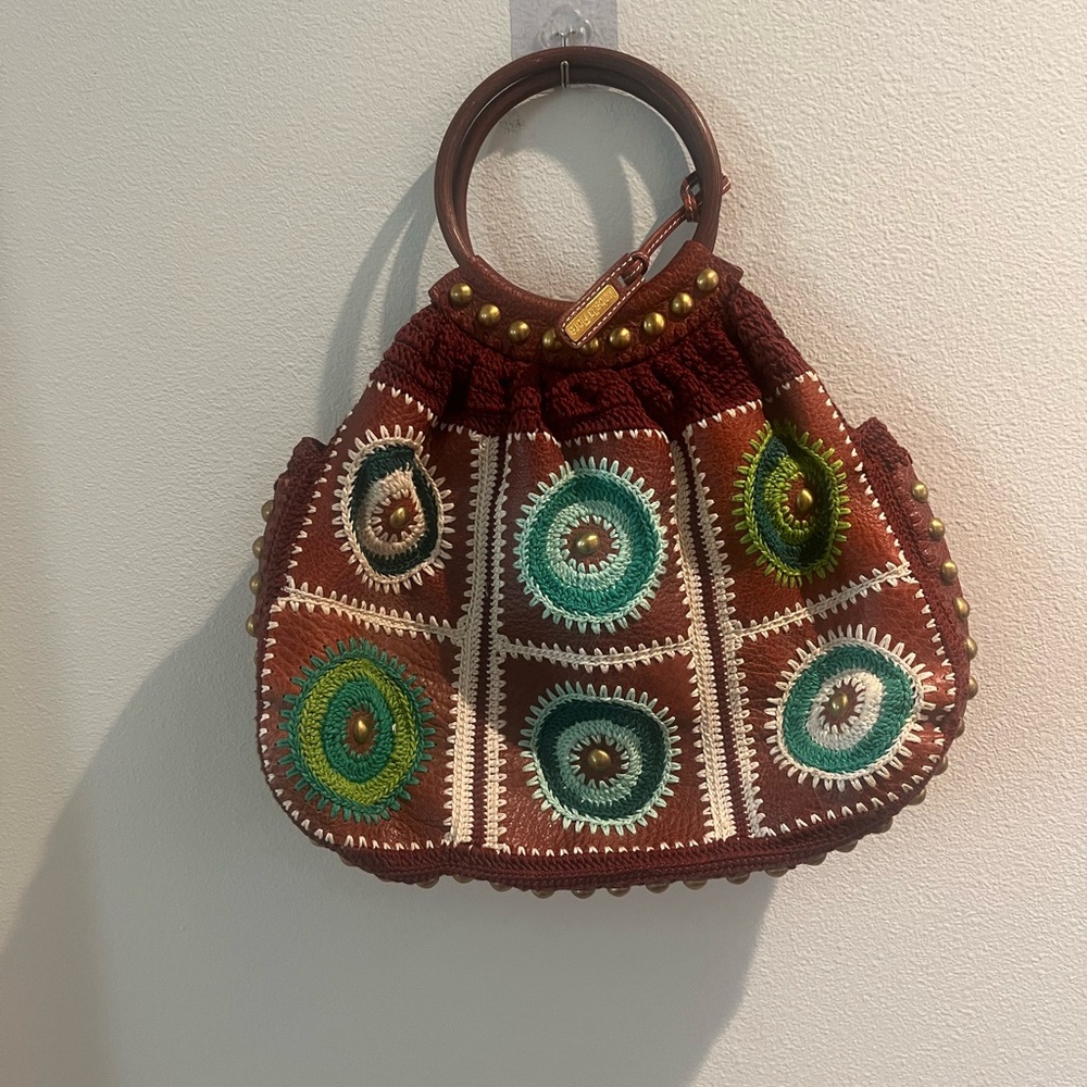Isabella Fiore Brown Crochet Shoulder Bag with Green and Cream Accents - Picture 1 of 4